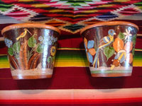 Mexican vintage pottery and ceramics, a pair of planters, very early and with exquisite artwork, Tlaquepaque or Tonala, Jalisco, c. 1920-30's. The scenes decorating these planters are incredible, with verdant plants, burros, birds, and animals, including graceful deer. Main photo.