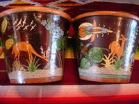 Mexican vintage pottery and ceramics, a pair of planters, very early and with exquisite artwork, Tlaquepaque or Tonala, Jalisco, c. 1920-30's. The scenes decorating these planters are incredible, with verdant plants, burros, birds, and animals, including graceful deer. Another side of the two planters.