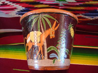 Mexican vintage pottery and ceramics, a pair of planters, very early and with exquisite artwork, Tlaquepaque or Tonala, Jalisco, c. 1920-30's. The scenes decorating these planters are incredible, with verdant plants, burros, birds, and animals, including graceful deer. Another view of a burro under a lovely palm tree.