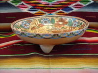 Mexican vintage pottery and ceramics, a tri-pod bowl with beautiful and very intricate artwork, signed by the famous artist, Antonio Rivera, Tonala or Tlaquepaque, Jalisco, c. 1930-40's. Main photo of the tripod bowl.