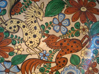 Mexican vintage pottery and ceramics, a tri-pod bowl with beautiful and very intricate artwork, signed by the famous artist, Antonio Rivera, Tonala or Tlaquepaque, Jalisco, c. 1930-40's. Closeup photo of two mythical animals inside the bowl.