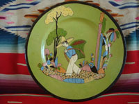 Mexican vintage pottery and ceramics, a wonderful pottery plate with a beautiful pale-green background glazing, and a fine scene of a Mexican campesino in a beautiful rural setting, Tonala or Tlaquepaque, Jalisco, c. 1940's.  Main photo.