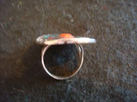 Native American Indian vintage silver jewelry, and Navajo or Zuni vintage silver jewelry, a wonderful silver ring with beautiful stamping and the image of a lovely cardinal of inlaid turquoise and coral. New Mexico, c. 1950's. Side photo showing the back of the Navajo silver ring.
