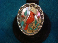 Native American Indian vintage silver jewelry, and Navajo or Zuni vintage silver jewelry, a wonderful silver ring with beautiful stamping and the image of a lovely cardinal of inlaid turquoise and coral. New Mexico, c. 1950's. Main photo of the Navajo silver jewelry ring.