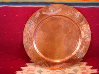 Mexican vintage copper and silver jewelry, an elegant and beautiful tea/coffee set of copper with sterling silver decorative scenes on each piece, signed Victoria, Taxco, c. 1940's. Photo of the large platter.