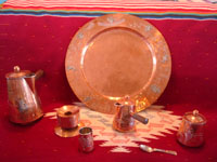 Mexican vintage copper and silver jewelry, an elegant and beautiful tea/coffee set of copper with sterling silver decorative scenes on each piece, signed Victoria, Taxco, c. 1940's. Main photo of the set.