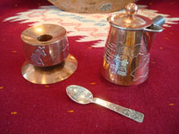 Mexican vintage copper and silver jewelry, an elegant and beautiful tea/coffee set of copper with sterling silver decorative scenes on each piece, signed Victoria, Taxco, c. 1940's. Photo of three other pieces of the set, including one candle holder.