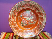 Mexican vintage pottery and ceramics, a lovely banderaware plate decorated with a wonderful rooster, Tonala or San Pedro Tlaquepaque, c. 1930's. Main photo of the plate.
