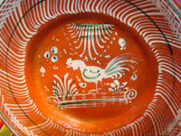 Mexican vintage pottery and ceramics, a lovely banderaware plate decorated with a wonderful rooster, Tonala or San Pedro Tlaquepaque, c. 1930's. Closeup photo of the rooster decorating the front of the plate.