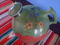 Mexican vintage pottery and ceramics, a beautiful burnished pottery water pitcher with a wonderful avocado-green background and fine, precise artwork, Tonala or San Pedro Tlaquepaque, c. 1930.  A second side of the pitcher.
