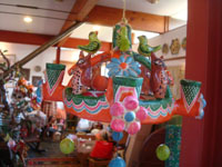 Mexican vintage folk art, a wonderful pottery hanging chandelier with great artwork and lovely, vibrant colors, by the famous Castillo family of Izucar de Matamoros, Puebla, c. 1950.  Main photo of the piece.