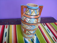 Mexican vintage pottery and ceramics, a lovely petatillo vase or urn with two handles and a beautiful geometric design, Tonala or San Pedro Tlaquepaque, c. 1930's. Main photo of the vase.