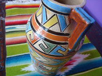Mexican vintage pottery and ceramics, a lovely petatillo vase or urn with two handles and a beautiful geometric design, Tonala or San Pedro Tlaquepaque, c. 1930's. Closeup photo of another side of the vase.