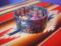 Mexican vintage sterling silver jewelry, and Taxco vintage silver jewelry, a stunning Taxco sterling silver cuff bracelet inlaid with wonderful abalone, Taxco, c. 1940's. Another side view of the cuff.