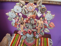 Mexican vintage folk art, and Mexican vintage pottery and ceramics, a lovely tree-of-life featuring Adam and Eve and the wily snake that is tempting them, Metepec. c. 1950's. Main photo of the tree.