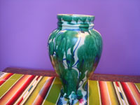 Mexican vintage pottery and ceramics, a large dripware, majolica (losa goteada) vase with beautiful colors, Oaxaca, c. 1930's.  Main photo of the vase.