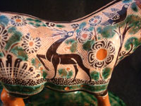 Mexican vintage pottery and ceramics, and Mexican vintage folk art, a pottery bull with fine hand-painted decoration, c. 1950. Signed on the bottom, Jose Trinidad Bernabe Lopez, Tonala, Jalisco Mexico. Another closeup.