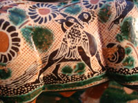 Mexican vintage pottery and ceramics, and Mexican vintage folk art, a pottery bull with fine hand-painted decoration, c. 1950. Signed on the bottom, Jose Trinidad Bernabe Lopez, Tonala, Jalisco Mexico. Closeup photo.