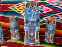 Mexican vintage pottery and ceramics, a pulque or punch set with pitcher and 5 mugs in the form of Aztec gods, c. 1940. Wonderful blue glaze with hand-painted faces and decorations on each piece.
