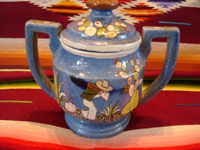Mexican vintage pottery and ceramics, a lovely lidded jar with a blue background and exquisite artwork, Tlaquepaque, Jalisco, c. 1930. The jar is stamped on the bottom with the mark of the famous Arias shop in Tlaquepaque. Another view of one side of the jar.