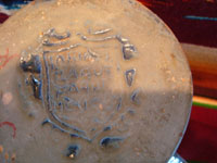 Mexican vintage pottery and ceramics, a lovely lidded jar with a blue background and exquisite artwork, Tlaquepaque, Jalisco, c. 1930. The jar is stamped on the bottom with the mark of the famous Arias shop in Tlaquepaque. Photo showing the Arias stamp on the bottom of the jar.