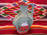 Mexican vintage pottery and ceramics, a beautiful flatware (opaco) water pitcher with a wonderful bunny and floral designs, Tonala, Jalisco, c. 1930's. Main photo.