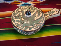 Mexican vintage pottery and ceramics, a fantasia-style lidded dish with fanciful dragon and fish, Tlaquepaque, Jalisco, c. 1930-40. Main photo.