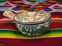Mexican vintage pottery and ceramics, a fantasia-style lidded dish with fanciful dragon and fish, Tlaquepaque, Jalisco, c. 1930-40. Another shot of the bowl.