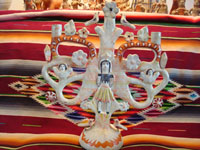 Mexican vintage pottery and ceramics and Mexican vintage folk art, a tree of life attributed to the master, Aurelio Flores, c. 1960. The piece has wonderful and soft patina, and is exquisitely painted and decorated with fanciful human figures, angels, birds and flowers. Main photo.