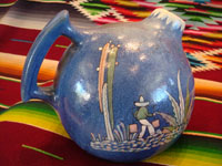 Mexican vintage pottery and ceramics, a stunning pottery pitcher with incredibly fine artwork, Tlaquepaque, Jalisco, c. 1920-30. The pitcher features a lovely soft-blue background, and the artwork features Mexican campesinos with cacti. Photo of the second side of the Tlaquepaque pottery pitcher.