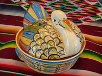Mexican vintage pottery and ceramics, a lovely lidded casserole in the form of a wonderful turkey with very fine glazing and artwork, Tonala, Jalisco, c. 1930-40's. Main photo of the Tlaquepaque pottery turkey casserole.
