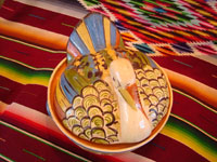 Mexican vintage pottery and ceramics, a lovely lidded casserole in the form of a wonderful turkey with very fine glazing and artwork, Tonala, Jalisco, c. 1930-40's. Photo shot from above the casserole, showing both sides of the Tlaquepaque pottery turkey casserole.