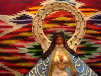 Mexican vintage pottery and ceramics, and Mexican vintage devotional art, a beautiful pottery image of Our Lady (probably Nuestra Senora de Zapopan, which is just outside of Guadalajara), Tlaquepaque or Tonala, Jalisco, c. 1930-40's. Closeup photo of the top of the Tlaquepaque pottery Madonna.
