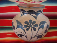 Native American Indian antique pottery, a beautiful pottery olla or vase, Santo Domingo Pueblo, c. 1900. The artwork on this olla is incredibly beautiful, with a wonderful bird and beautiful floral decorations.  Photo of another side of the Santo Domingo Pueblo pottery olla.