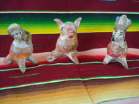 Mexican vintage folk art, a set of three wonderful pottery whistles, Metepec, c. 1930's. Main photo showing all three whistles.