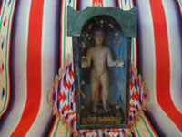 Mexican vintage devotional art, a wonderful statue of the Nino Perdido, a highly venerated image of the Christ Child, in a wonderful nicho which serves as the carrying case for the figure of the Nino, Mexico, c. 19th century. Main photo of the nicho.
