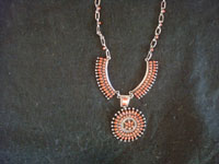 Native American Indian sterling silver jewelry, and Navajo and Zuni silver jewelry, a beautiful Zuni petite-point necklace with lovely coral and opal, Zuni Pueblo, New Mexico, c. 1950's.  Closer image of the Zuni silver and coral necklace.