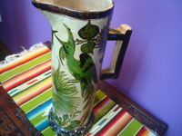 Mexican vintage pottery and ceramics, a rare and very beautiful pottery pitcher with incredibly fine artwork, fantasia-style, Tonala or San Pedro Tlaquepaque, c. 1930's. Another side of the pitcher.