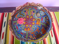 Mexican vintage folk art, a Huichol shaman's gourd beautifully decorated with tiny "chaquita" beads, c. 1950 or earlier. Main photo of the gourd.