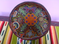 Mexican vintage folk art, a Huichol shaman's gourd beautifully decorated with tiny "chaquita" beads, c. 1950 or earlier. Main photo of the Huichol gourd.