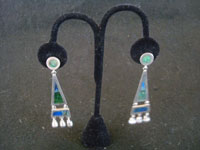 Mexican vintage sterling silver jewelry, and Taxco vintage sterling silver jewelry, a lovely pair of dangling earrings with silver and jade, Taxco, c. 1940's. Main photo of the pair of earrings.
