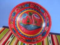 Mexican vintage folk art, a beautifully decorated "jicara" (gourd) used for drinking champurrada or horchata (two popular beverages made of milk, rice, and cinnamon), Puebla, c. 1950's.  Main photo of the gourd.