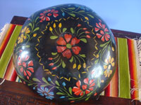 Mexican vintage folk art, a laquer-ware gourd with incrredibly artwork and beautiful colors, Uruapan, Michoacan, c. 1940's.  Main photo of the outside of the gourd showing the laquer-ware floral decorations.