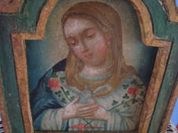 Mexican vintage devotional art, a lovely retablo painted on tin depicting the Alma de Maria, or Spirit of Mary, c. 1930. Closeup photo of Our Lady's face.