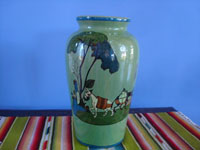 Mexican vintage pottery and ceramics, a lovely pottery vase with a beautiful green background and very fine and crisp artwork, Tonala or San Pedro Tlaquepaque, c. 1930's. Main photo of the vase.