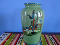 Mexican vintage pottery and ceramics, a lovely pottery vase with a beautiful green background and very fine and crisp artwork, Tonala or San Pedro Tlaquepaque, c. 1930's. Photo of a second side of the vase.