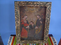 Mexican vintage devotional art, a beautiful retablo painted on tin, depicting the Holy Family, c. 19th century. Main photo of the retablo.