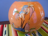 Mexican vintage pottery and ceramics, a beautiful pottery tecomate with a lovely tangerine background and very fine artwork, Tonala or San Pedro Tlaquepaque, c. 1930's. Main photo of the larger piece.
