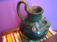 Mexican vintage pottery and ceramics, a beautiful pottery pitcher decorated with wonderful floral relief-work, Oaxaca, c. 1950's. Another full view of the pitcher.