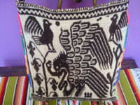 Mexican vintage textiles and sarapes, a beautiful woven wool shoulder bag or "morral" with the Mexican eagle with a snake in its beak on one side, and a caballero on his horse on the other side, Santa Teresa, Nayarit, c. 1950's. Photo of the second side of the morral.